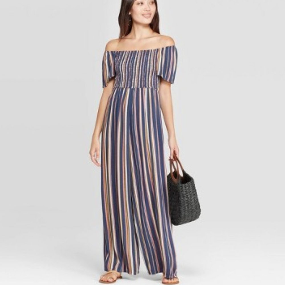 Xhilaration Striped Off Shoulder Jumpsuit SZ M